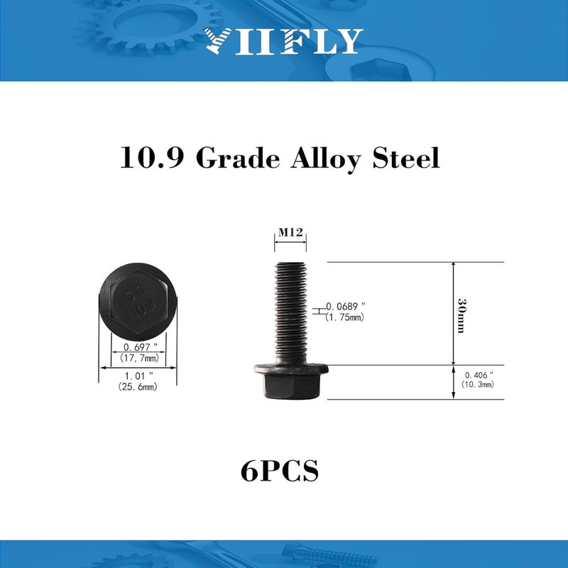 YIIFLY M12 x 30mm Flanged Hex Head Bolts Flange Hexagon Screws, M12x1.75 Bolt, 10.9 Grade Alloy Steel, Hexagon Head Bolts, Black Zinc Finish, Full Thread, Quantity 6 - Image 2
